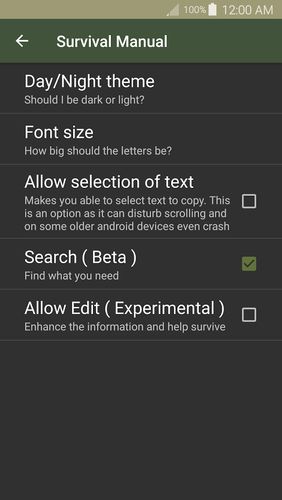 Les captures d'écran du programme Offline survival manual pour le portable ou la tablette Android.