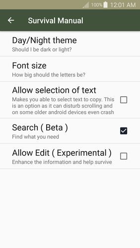 Screenshots des Programms Offline survival manual für Android-Smartphones oder Tablets.