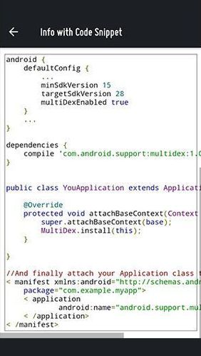 Capturas de tela do programa Options & Settings code snippets: Android & iOS em celular ou tablete Android.