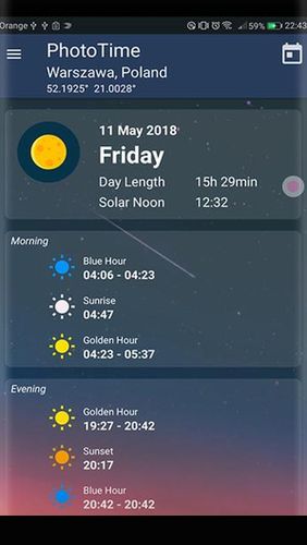 Laden Sie kostenlos PhotoTime: Golden hour - Blue hour time calculator für Android Herunter. Programme für Smartphones und Tablets.