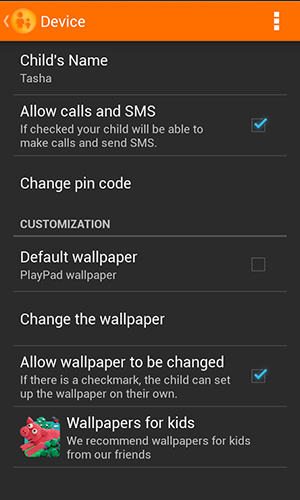 Screenshots of Parental Control program for Android phone or tablet.
