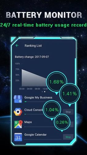 Screenshots des Programms Power battery für Android-Smartphones oder Tablets.