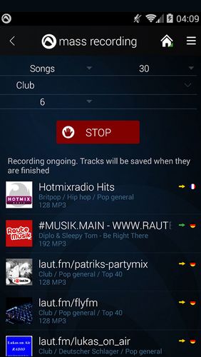 Capturas de tela do programa Audials Radio em celular ou tablete Android.