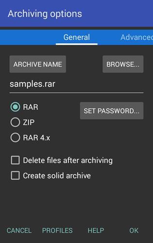 Les captures d'écran du programme RAR pour le portable ou la tablette Android.