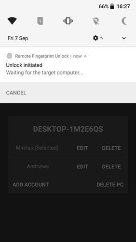 的Android手机或平板电脑Remote fingerprint unlock程序截图。