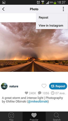 Скріншот програми Repost for Instagram на Андроїд телефон або планшет.