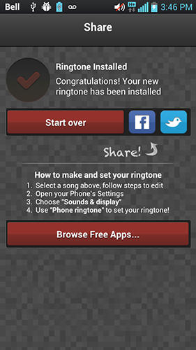 Capturas de tela do programa Ringtone maker em celular ou tablete Android.