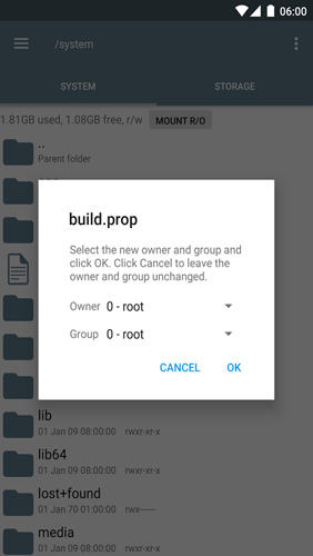 Capturas de tela do programa Root Explorer em celular ou tablete Android.