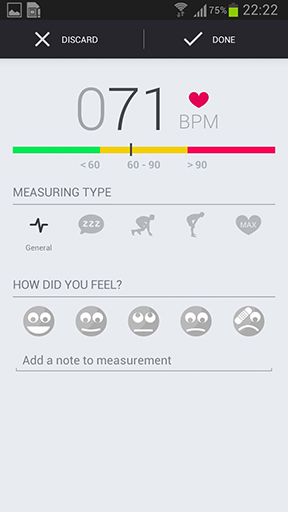 アンドロイドの携帯電話やタブレット用のプログラムRuntastic heart rate のスクリーンショット。