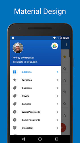 Screenshots of Safe in cloud password manager program for Android phone or tablet.