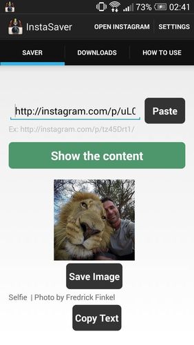 アンドロイドの携帯電話やタブレット用のプログラムSaver reposter for Instagram のスクリーンショット。