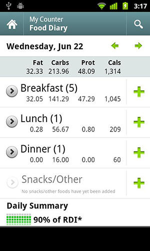 Screenshots of Calorie counter program for Android phone or tablet.