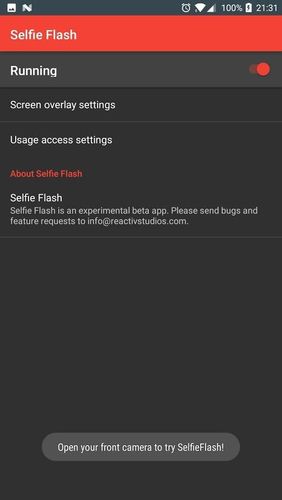 Screenshots of Selfie flash program for Android phone or tablet.