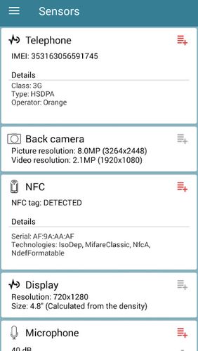 Capturas de tela do programa Sensors toolbox em celular ou tablete Android.