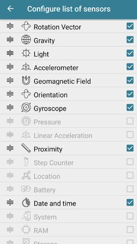 Capturas de tela do programa Sensors toolbox em celular ou tablete Android.