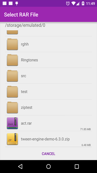 Capturas de tela do programa Simple Unrar em celular ou tablete Android.