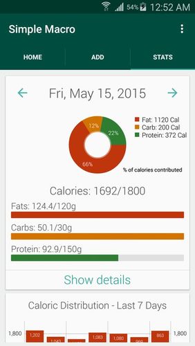 Capturas de tela do programa Simple macro - Calorie counter em celular ou tablete Android.