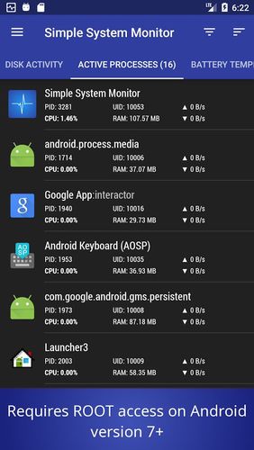 Screenshots des Programms Powerful System Monitor für Android-Smartphones oder Tablets.