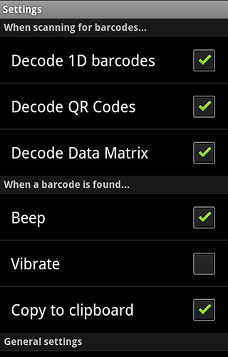 的Android手机或平板电脑QR code: Barcode scanner程序截图。