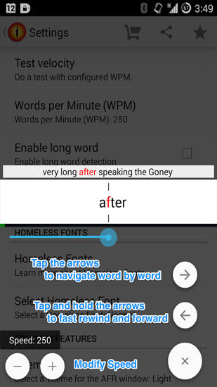 Screenshots of A Faster Reader program for Android phone or tablet.