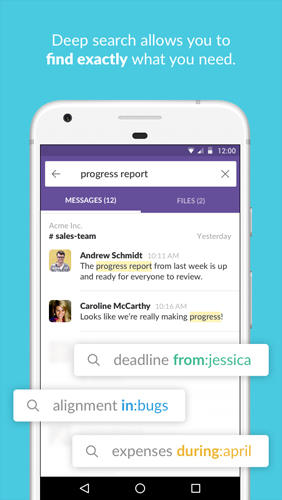 Screenshots of Slack program for Android phone or tablet.