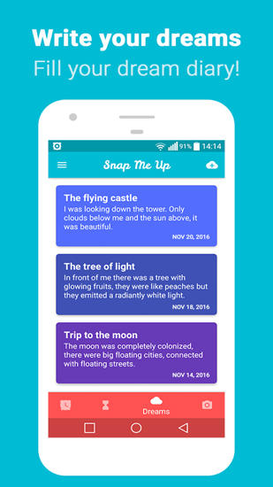 Capturas de tela do programa Snap Me Up: Selfie Alarm Clock em celular ou tablete Android.