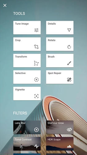 Capturas de pantalla del programa Snapseed: Photo Editor para teléfono o tableta Android.