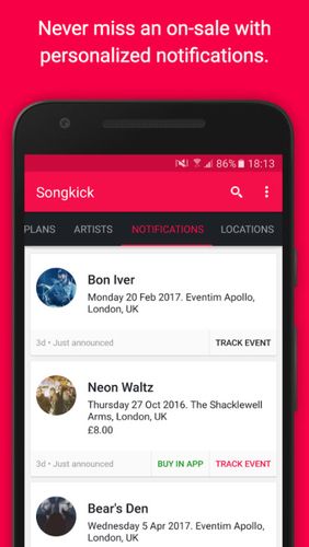 Capturas de tela do programa Songkick concerts em celular ou tablete Android.