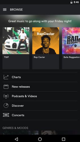 Screenshots of Spotify music program for Android phone or tablet.