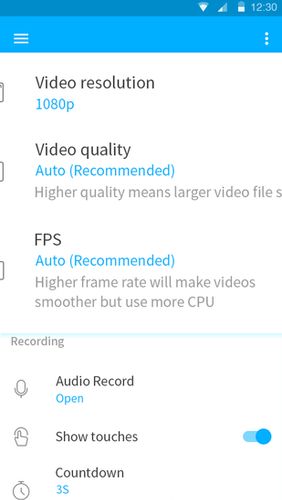Les captures d'écran du programme Super screen recorder – No root REC & screenshot pour le portable ou la tablette Android.