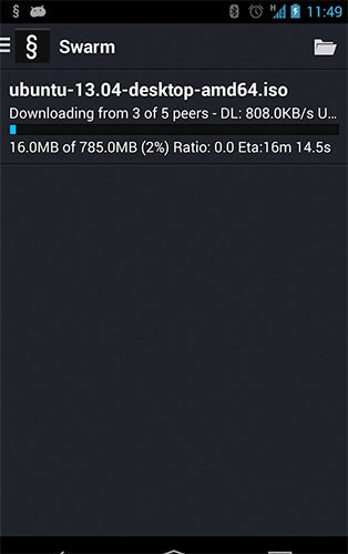 Les captures d'écran du programme Swarm torrent client pour le portable ou la tablette Android.