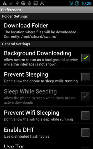Les captures d'écran du programme Swarm torrent client pour le portable ou la tablette Android.