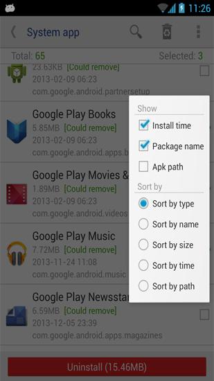 Capturas de tela do programa System App Remover em celular ou tablete Android.