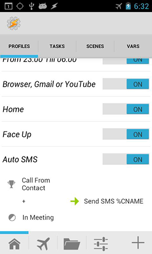 Capturas de pantalla del programa Tasker para teléfono o tableta Android.