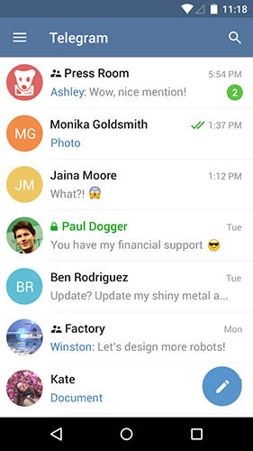 Screenshots of Telegram program for Android phone or tablet.