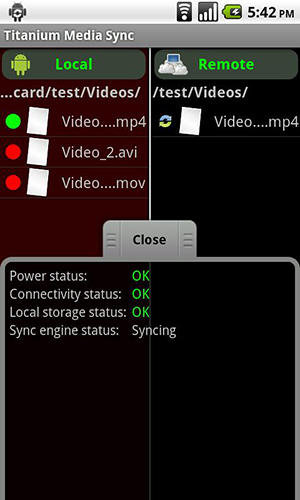アンドロイドの携帯電話やタブレット用のプログラムTitanium: Media sync のスクリーンショット。