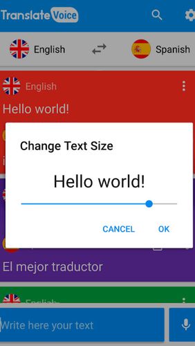 Capturas de pantalla del programa Translate voice para teléfono o tableta Android.