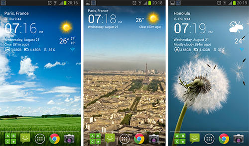 的Android手机或平板电脑Transparent clock and weather程序截图。