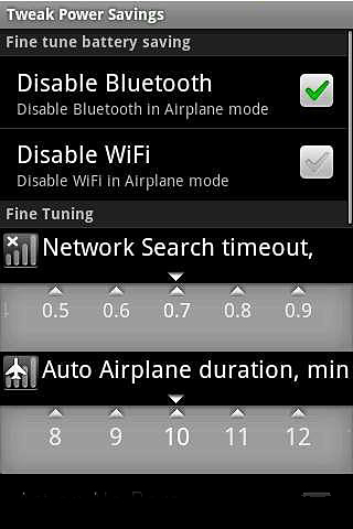 Capturas de pantalla del programa Tweak power savings para teléfono o tableta Android.