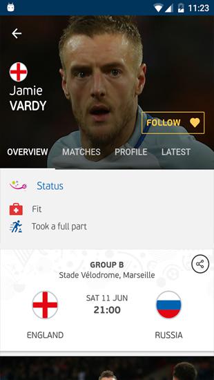 的Android手机或平板电脑UEFA Euro 2016: Official App程序截图。