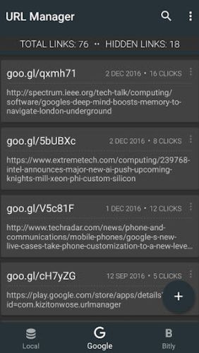 Capturas de tela do programa URL manager em celular ou tablete Android.