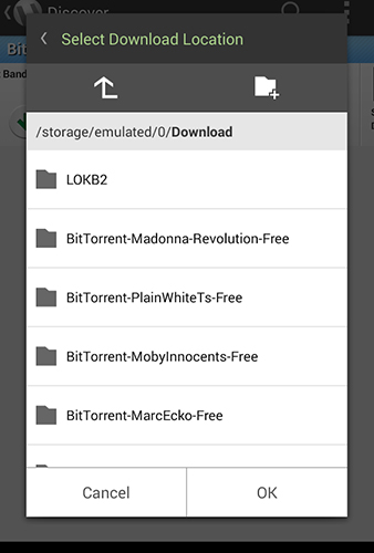 アンドロイドの携帯電話やタブレット用のプログラムµTorrent のスクリーンショット。