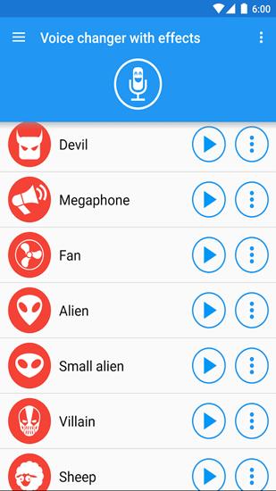 Les captures d'écran du programme Voice Changer pour le portable ou la tablette Android.