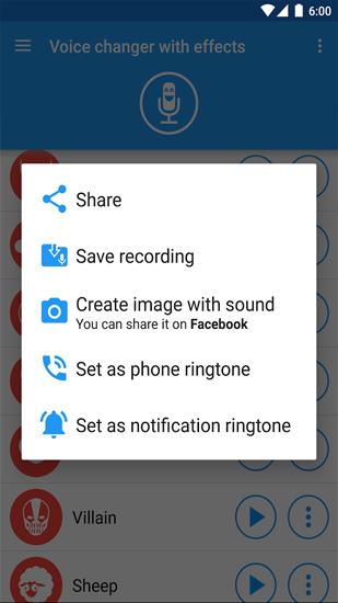 Capturas de pantalla del programa Voice Changer para teléfono o tableta Android.