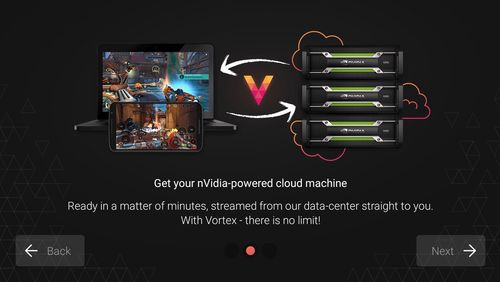 Capturas de pantalla del programa Vortex cloud gaming para teléfono o tableta Android.