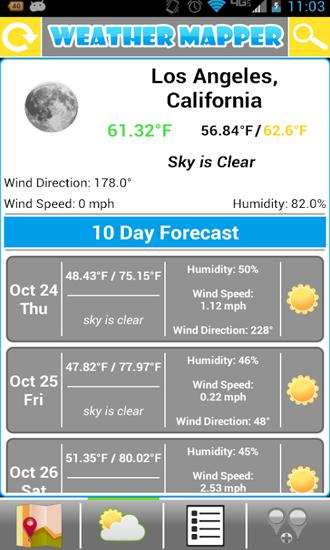 Capturas de tela do programa Weather Mapper em celular ou tablete Android.