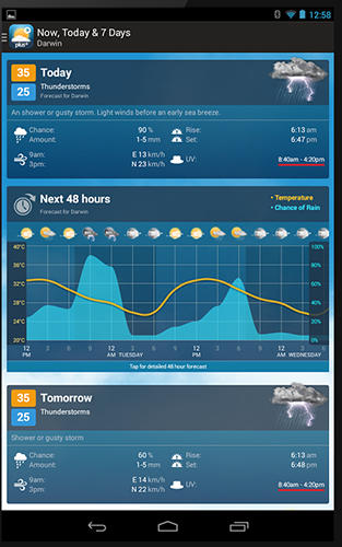 Capturas de pantalla del programa Weatherzone plus para teléfono o tableta Android.