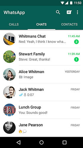 Screenshots of WhatsApp messenger program for Android phone or tablet.