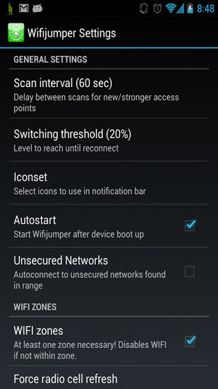 Les captures d'écran du programme Wifi Jumper pour le portable ou la tablette Android.