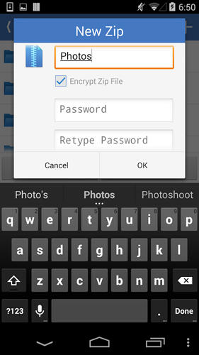 Screenshots of WinZip program for Android phone or tablet.